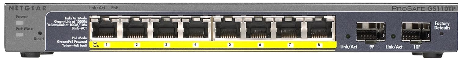 Netgear ProSafe GS110TP 10/100/1000 8 Port PoE 46W switch with 2 SFP uplink ports Netgear ProSafe GS110TP 10/100/1000 8 Port PoE 46W switch with 2 SFP uplink ports